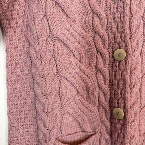 Aran Cardigan Sweater Pink Irish Cable Knit Chunky Ireland Wool Luxury Large - Picture 6 of 13